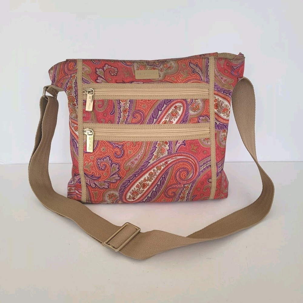 ETRO Paisley Shoulder Crossbody Bag Nylon Beige Pink Lightweight Medium Zip Boho
